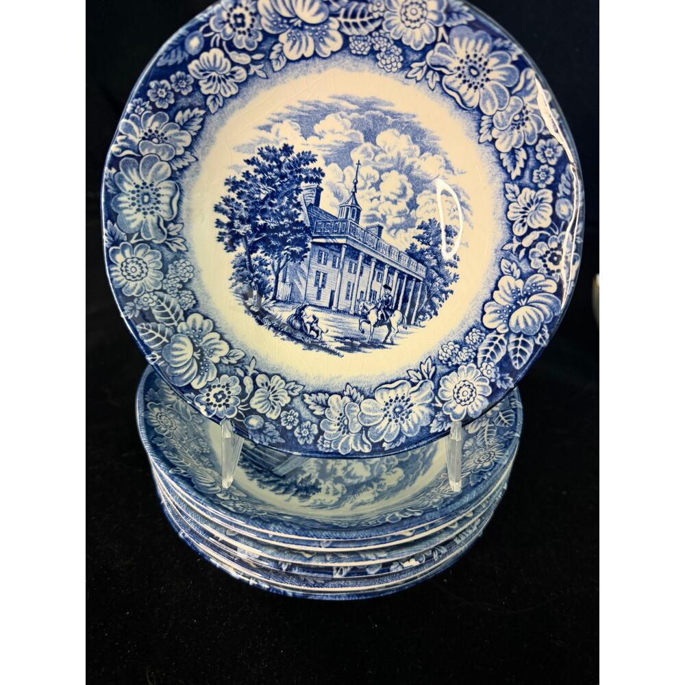 Liberty Blue Mount Vernon Cereal Bowls  Set of 7  6.5”  Ironstone England